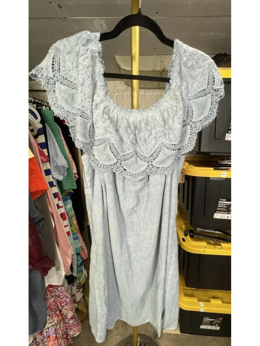 WOMENS KNOX ROSE CHAMBRAY BLUE On OFF SHOULDER LINED EMBROIDERED SHIFT DRESS XXL